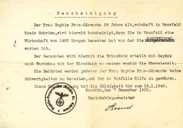 Certification confirming that Zofia Prus-Głowacki was deported from the Manieczki estate